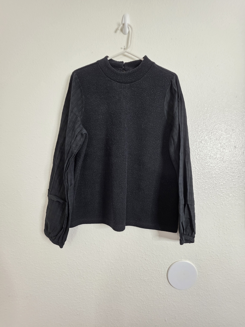 Madewell Womens Size L Black Mock Neck Ribbed  Puff Sleeve Keyhole Top